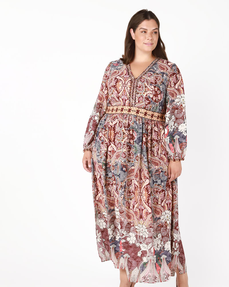 Front of a model wearing a size 0X Clarissa Beaded Trim Maxi Dress in Rust / Azure Blue by DEX PLUS. | dia_product_style_image_id:234077